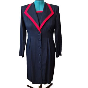 Vintage 80s/90s Black Red Trim Long Sleeve Button Front Sheath Dress Women 10/12